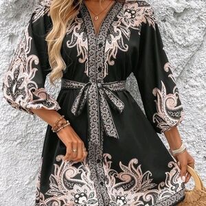 Floral Print V-Neck Long Sleeve Dress